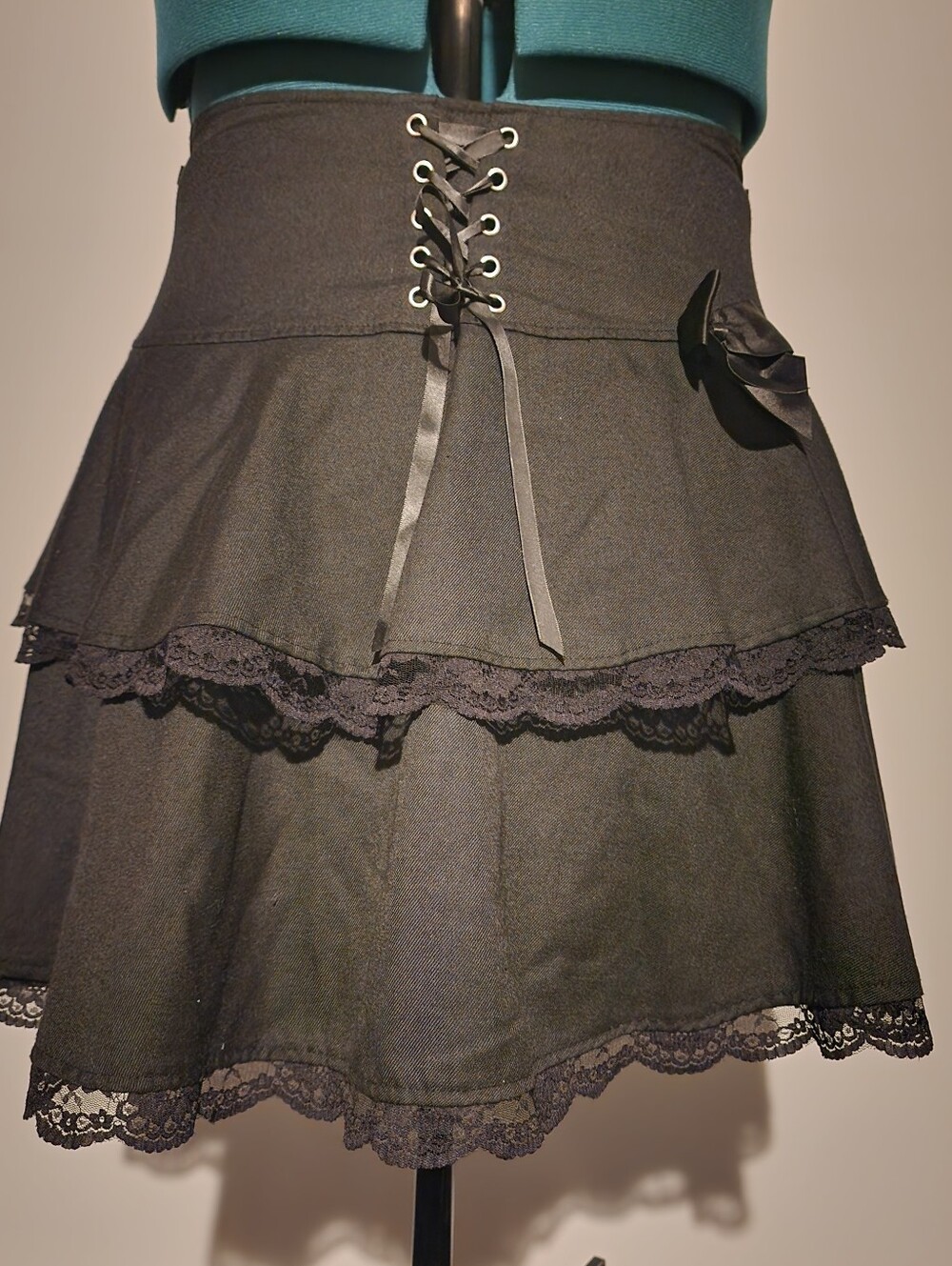 Black Lace-Trim Circle Skirt with Corset Waist Halloween Goth